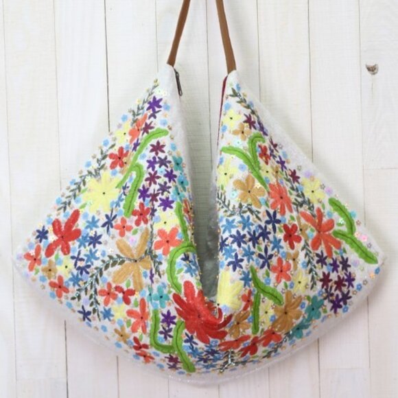 Anthropologie Handbags - Gorgeous NEW Embroidered Floral Flower Botanical Garden Large Boho Tote Handbag